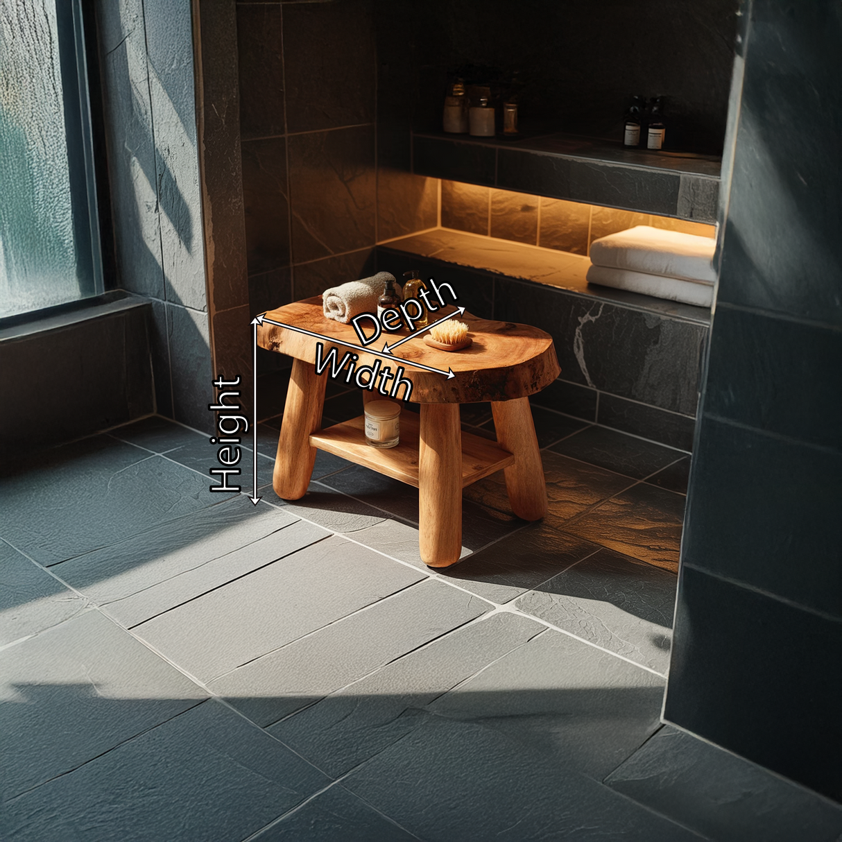 Rustic Solid Wood Shower Bench with Live Edge Top
