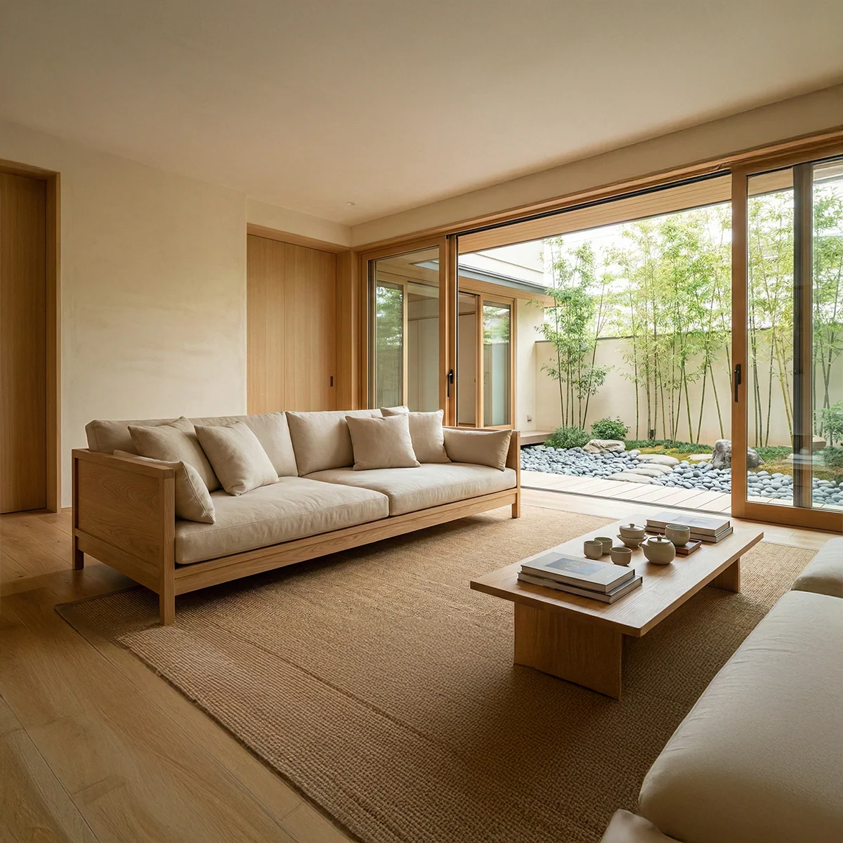 Japanese Style Low Wooden Sofa with Linen Cushions Zen Solid Wood Platform Couch