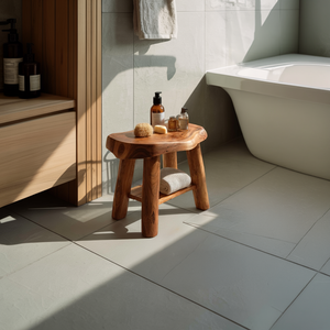 Live Edge Solid Wood Bath Stool with Storage Shelf