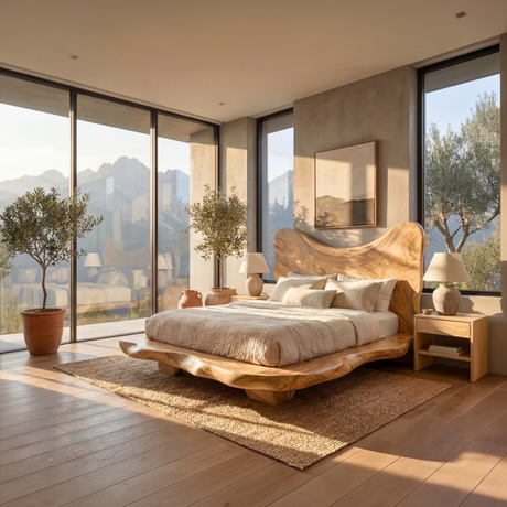 Sculptural Solid Wood Bed Frame with Organic Headboard