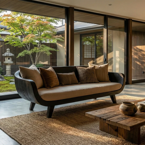 Curved Solid Wood Sofa Japanese Modern Sculptural Couch with Linen Cushion