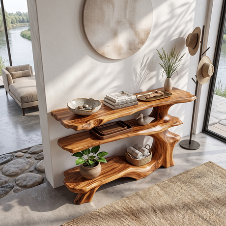 Organic Solid Wood Console Table with Three Tier Sculptural Shelves