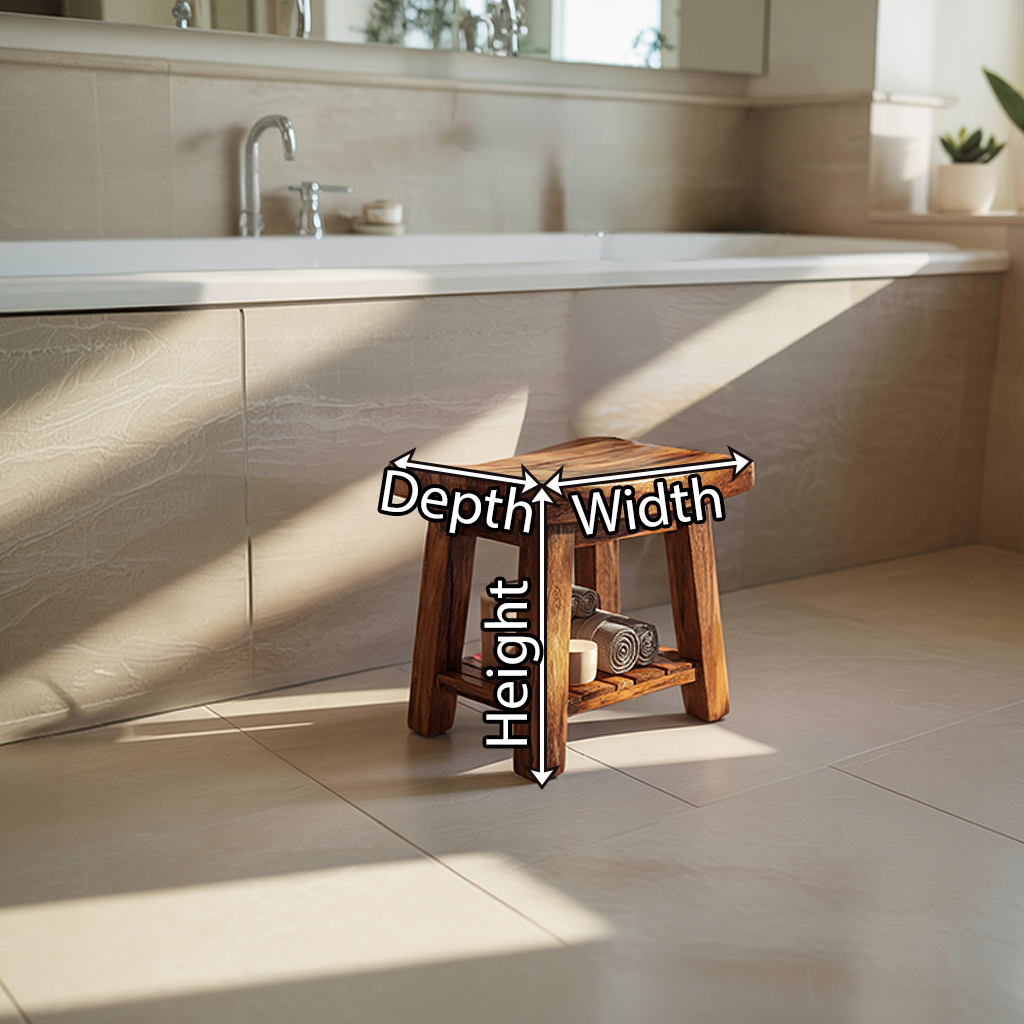 Compact Solid Wood Bath Stool with Lower Shelf