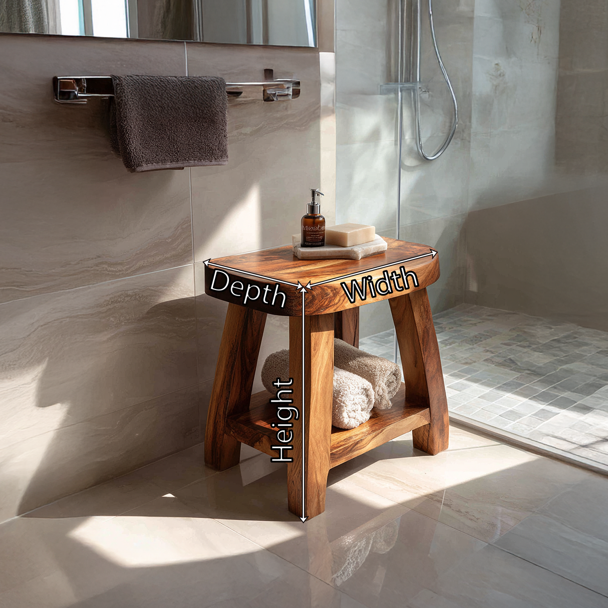 Natural Solid Wood Shower Bench with Storage Shelf