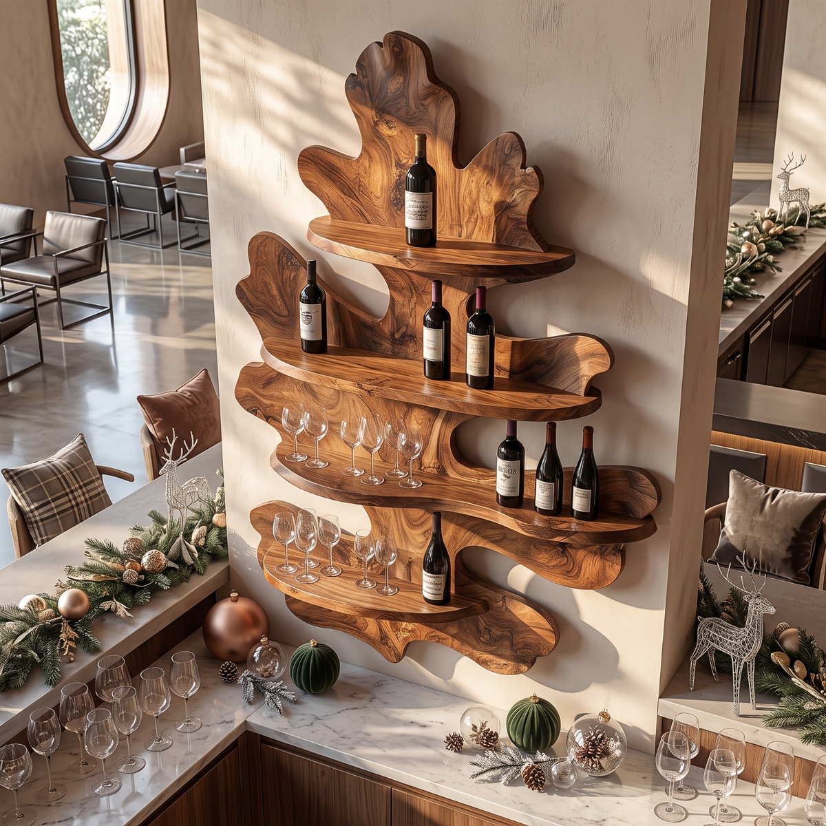 Sculptural Leaf Solid Wood Wall Mounted Wine Rack with Four Display Shelves