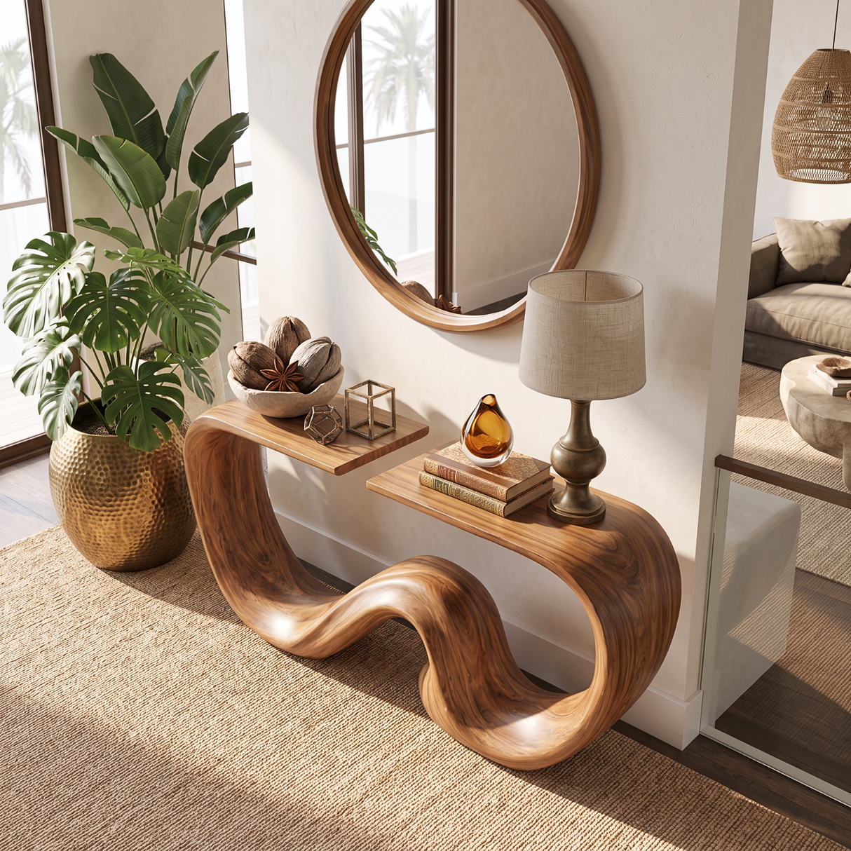 Console Table Solid Wood with Sculptural Twin Wave Base for Entryway Decor