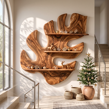 Tropical Leaf Solid Wood Wall Shelf for Nature Inspired Living Room Decor