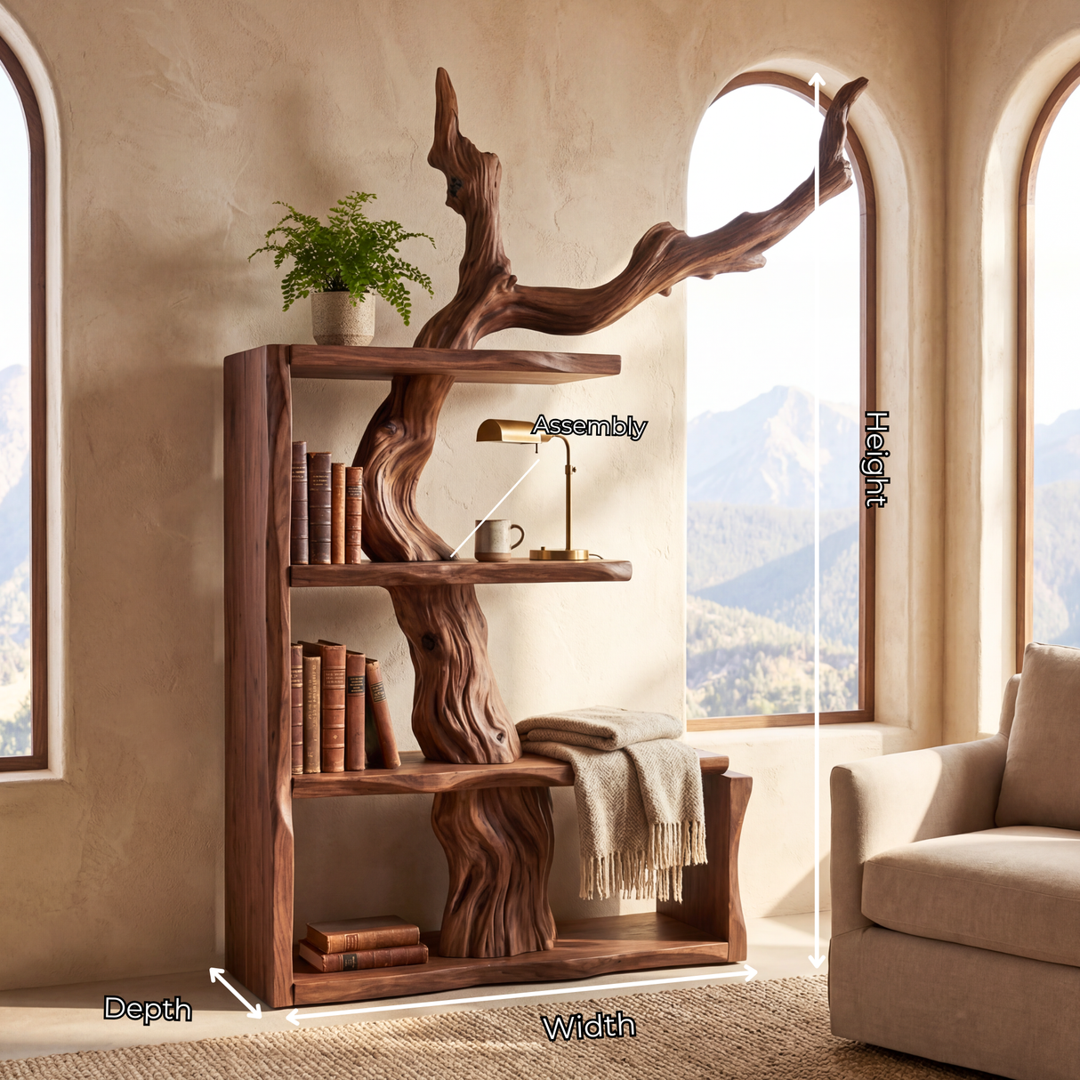 Sculptural Solid Wood Bookshelf with Tree Branch Form Organic Modern