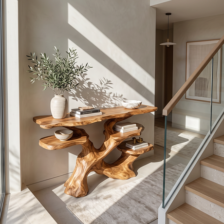Handcrafted Solid Wood Console Table with Flowing Organic Sculptural Design