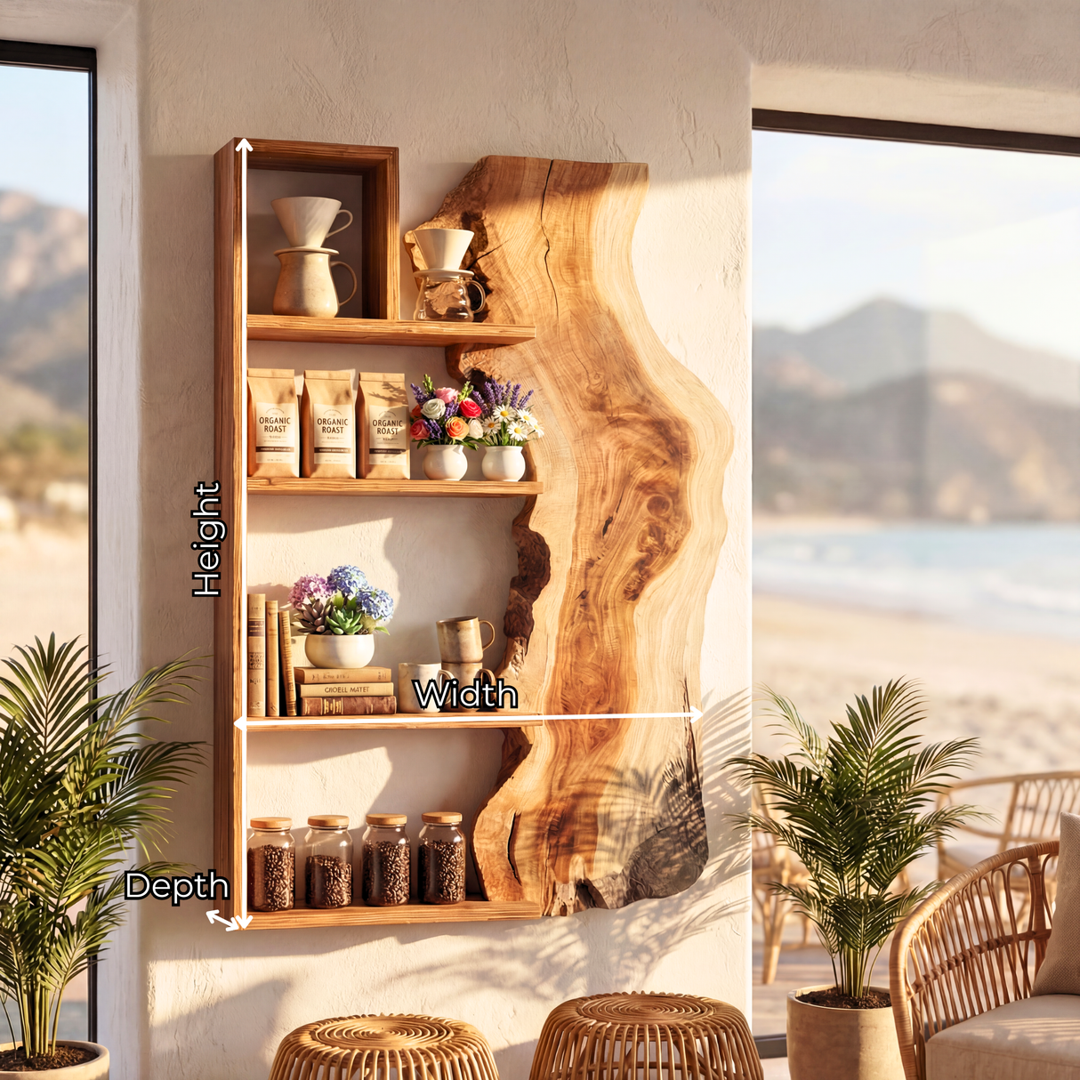 Solid Wood Live Edge Wall Shelf Geometric Frame Multi Tier Floating Storage