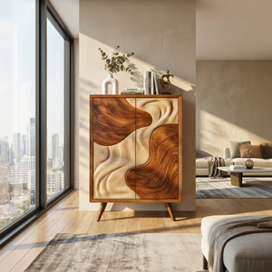 Solid Wood Sculptural Cabinet with Flowing Two-Tone Relief Doors for Modern Interiors