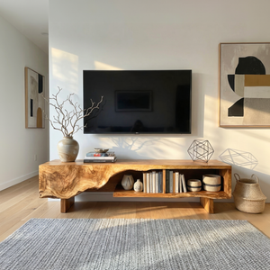 Solid Wood TV Cabinet with Organic Carved Front for Modern Living Room