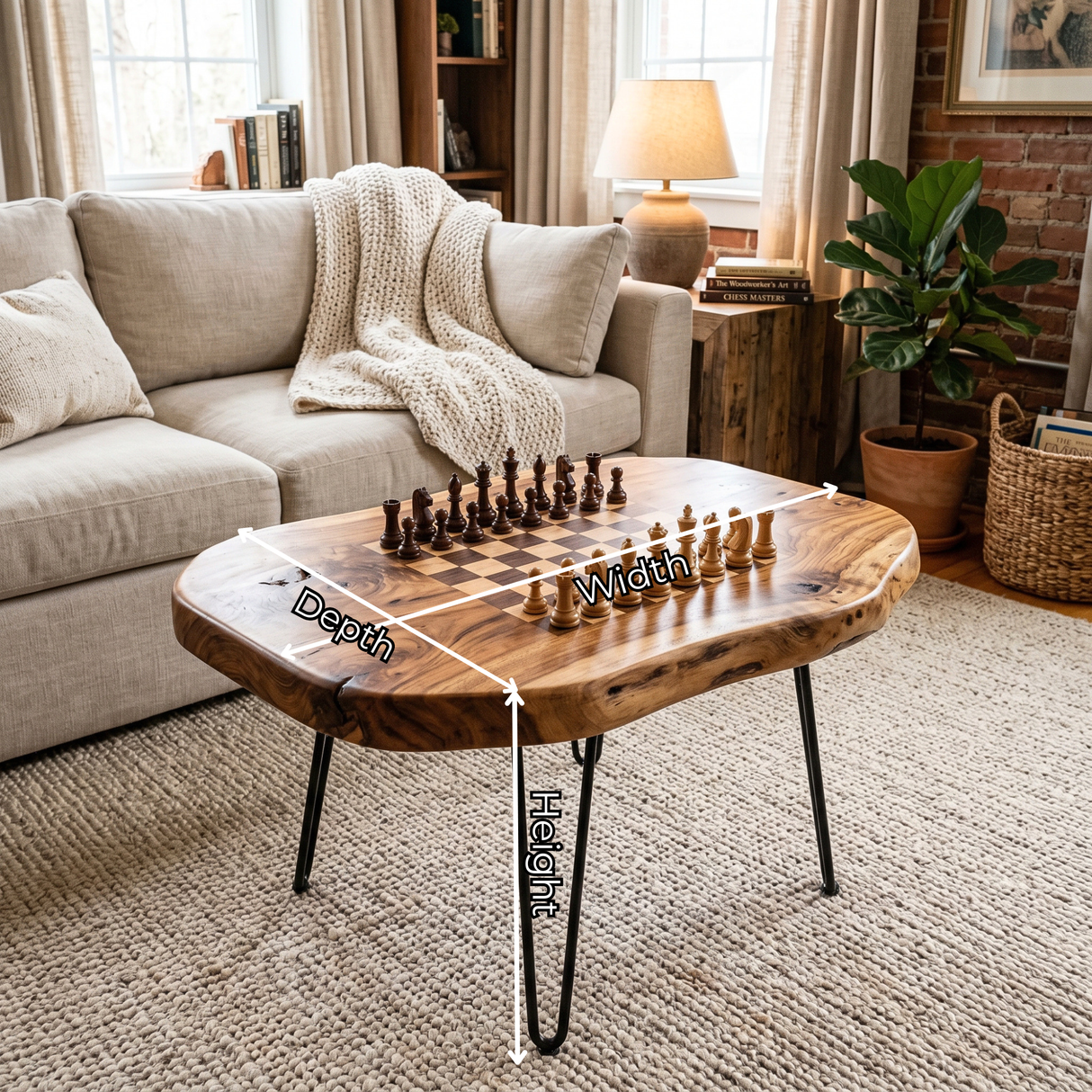 Live Edge Solid Wood Chess Coffee Table with Built In Game Board