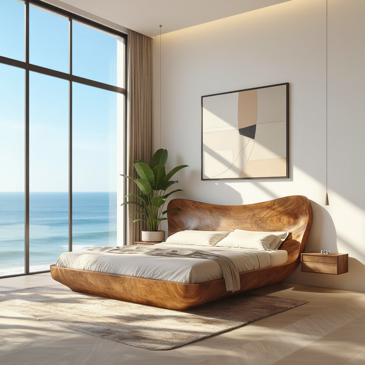 Sculptural Wood Bed with Curved Organic Headboard