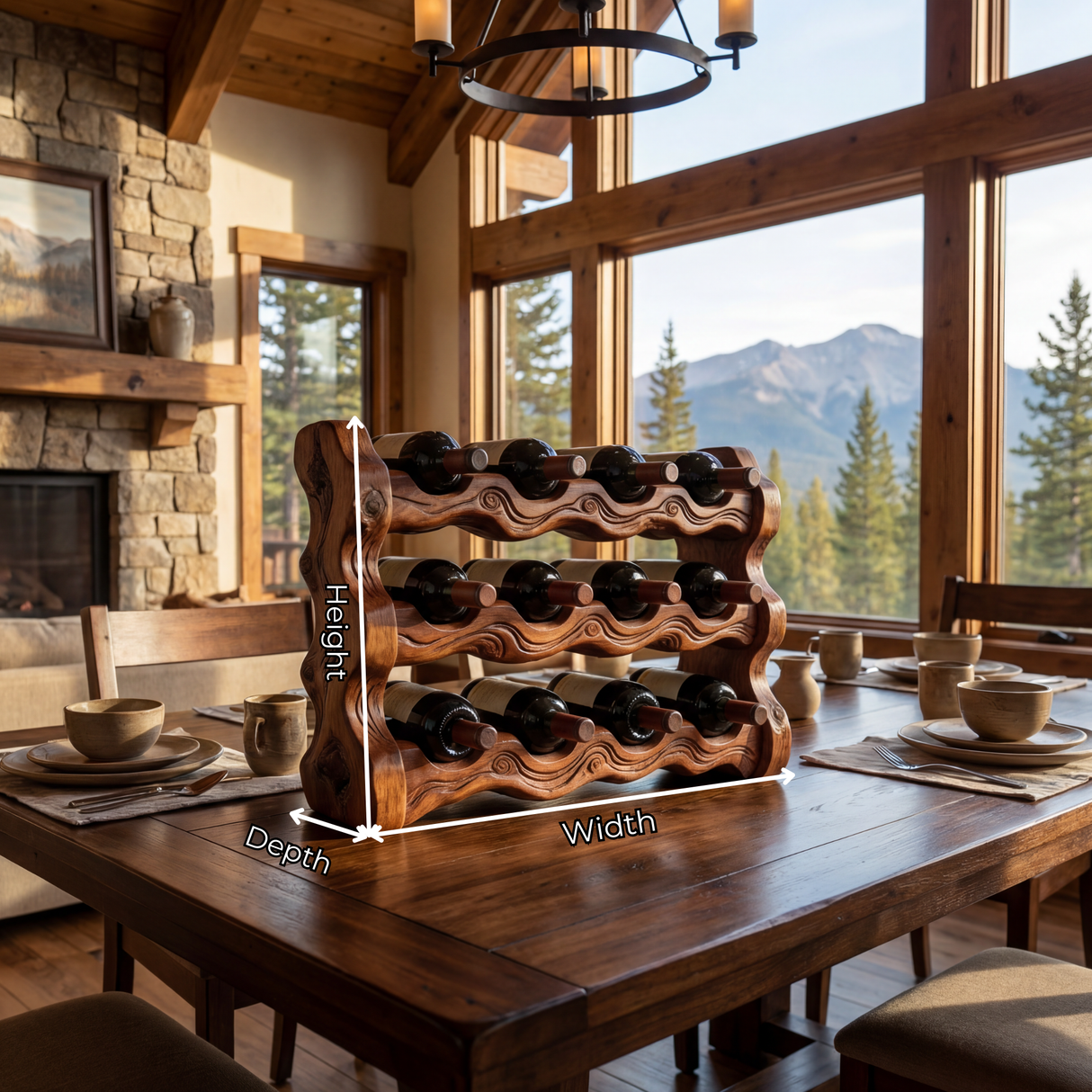 Solid Wood Wine Rack Sculptural Wave Design Countertop Bottle Holder