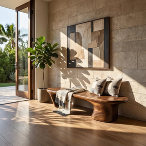 Organic Wood Bench with Sculptural Flared Pedestal Base for Modern Interiors