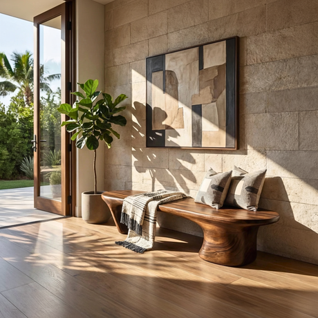 Organic Wood Bench with Sculptural Flared Pedestal Base for Modern Interiors