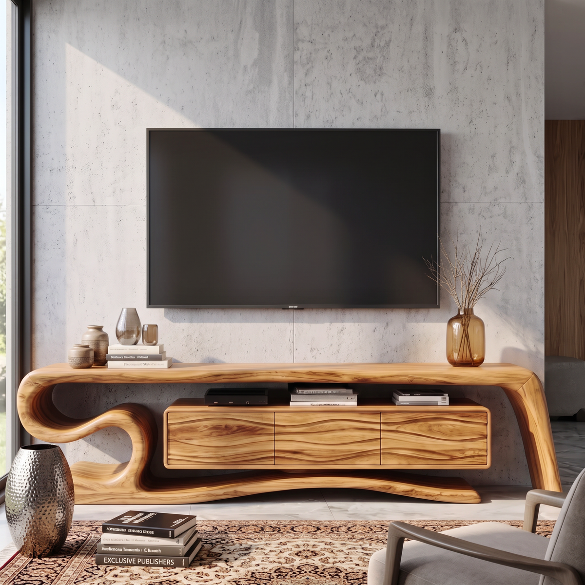 TV Stand with Sculptural S-Curve Frame and Natural Wave Grain Cabinet