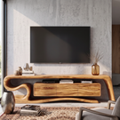 TV Stand with Sculptural S-Curve Frame and Natural Wave Grain Cabinet