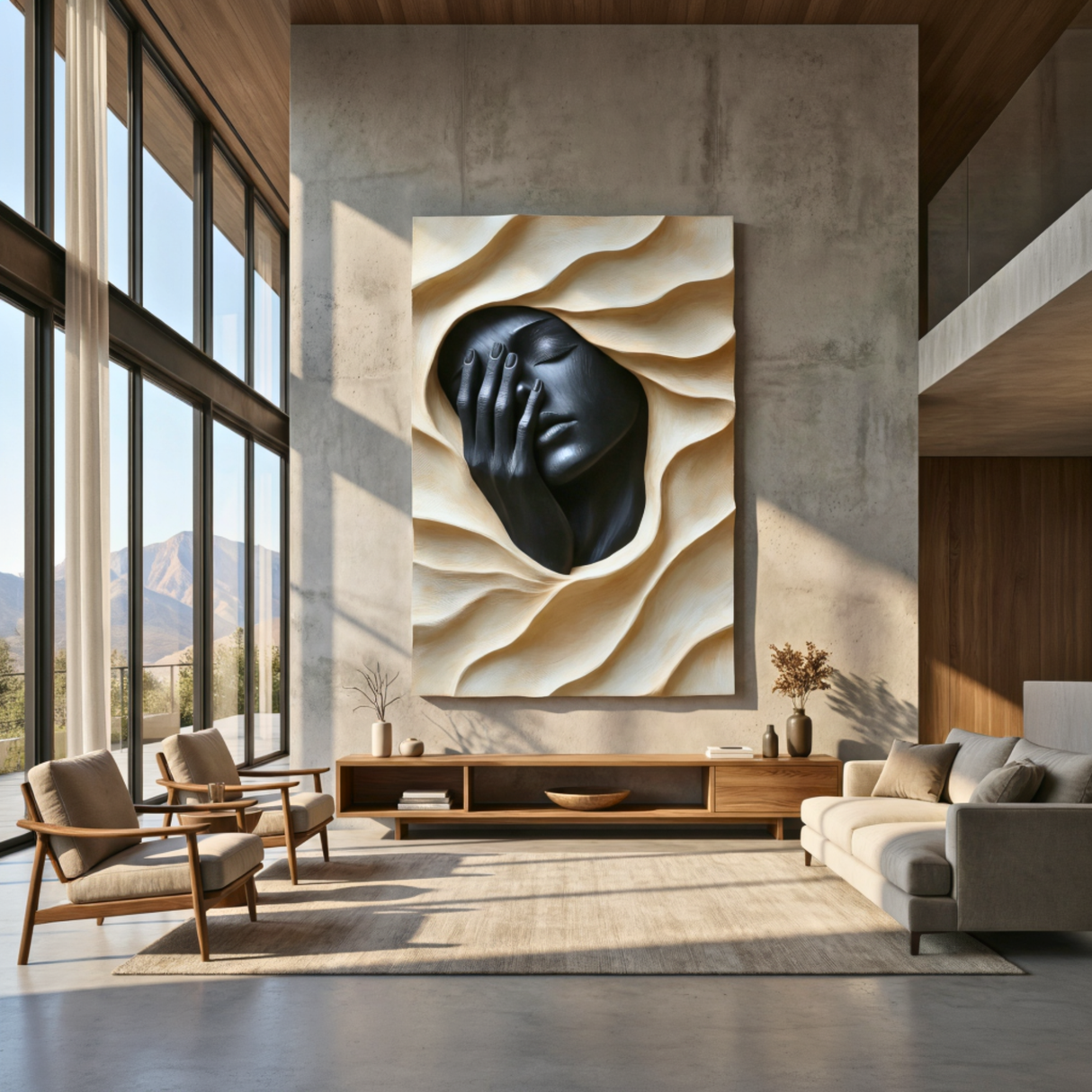 Handcrafted Solid Wood Wall Art Panel with Abstract Portrait Relief