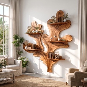 Sculptural Solid Wood Wall Shelf with Organic Branch and Leaf Design