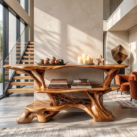 Handcrafted Solid Wood Console Table with Branching Frame and Tiered Shelves