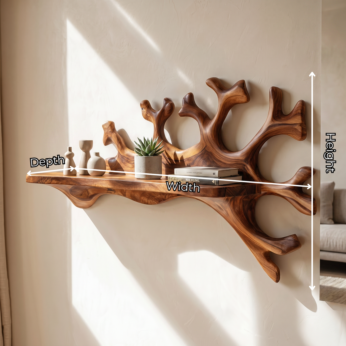 Handcrafted Solid Wood Coral Reef Wall Shelf with Display Ledge