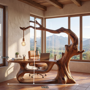 Sculptural Solid Wood Desk with Integrated Hanging Lamp, Organic Writing Table, Artistic Reading Nook Desk