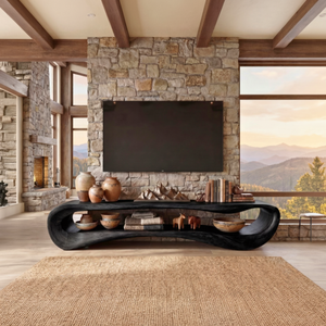 Sculptural Solid Wood TV Cabinet, Organic Modern Media Console for Living Room