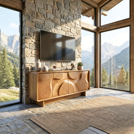 Solid Wood Media Console with Carved Organic Doors