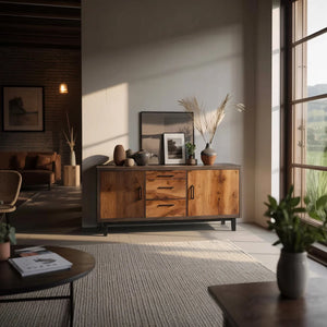 Solid Wood Storage Cabinet with Mixed Drawers and Modern Rustic Style
