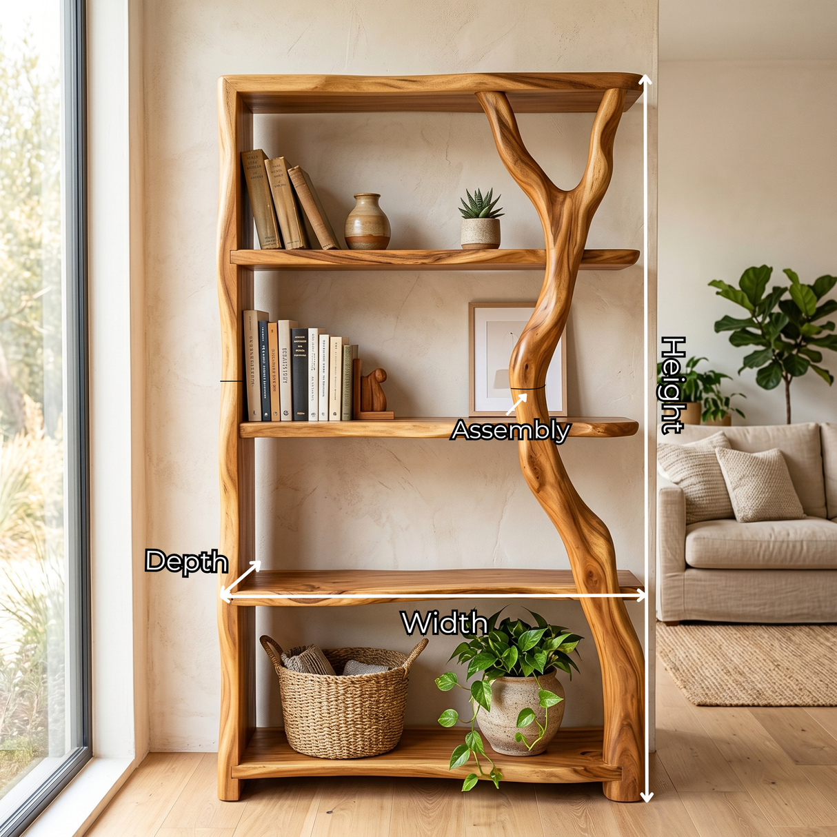 Organic Solid Wood Bookshelf with Branch Inspired Side Support