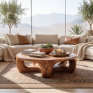 Round Solid Wood Coffee Table with Sculptural Open Base