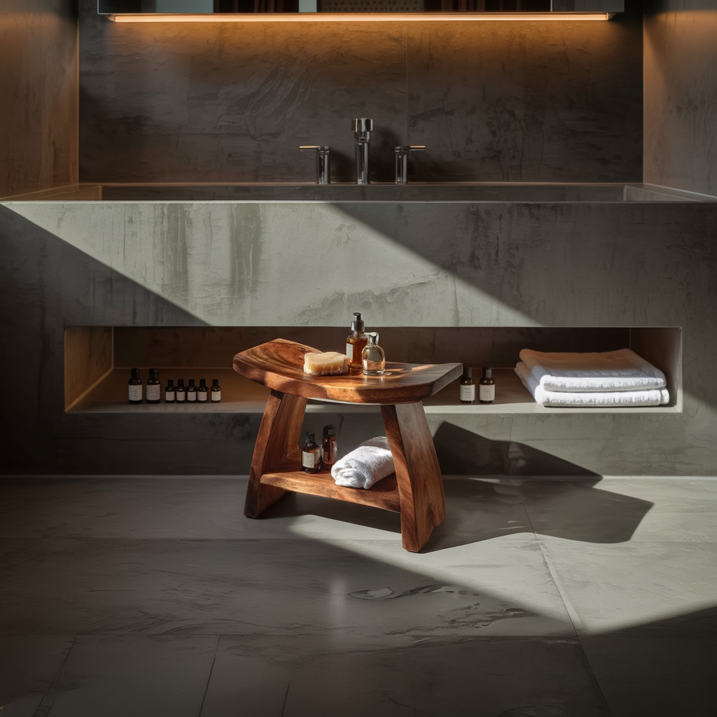 Handcrafted Solid Wood Bath Bench with Open Shelf