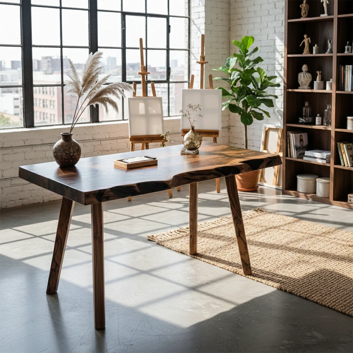 Live Edge Walnut Wood Table with Inlay Handmade Solid Wood Desk