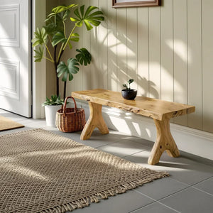 Live Edge Solid Wood Bench with Sculpted Legs for Modern Entryway