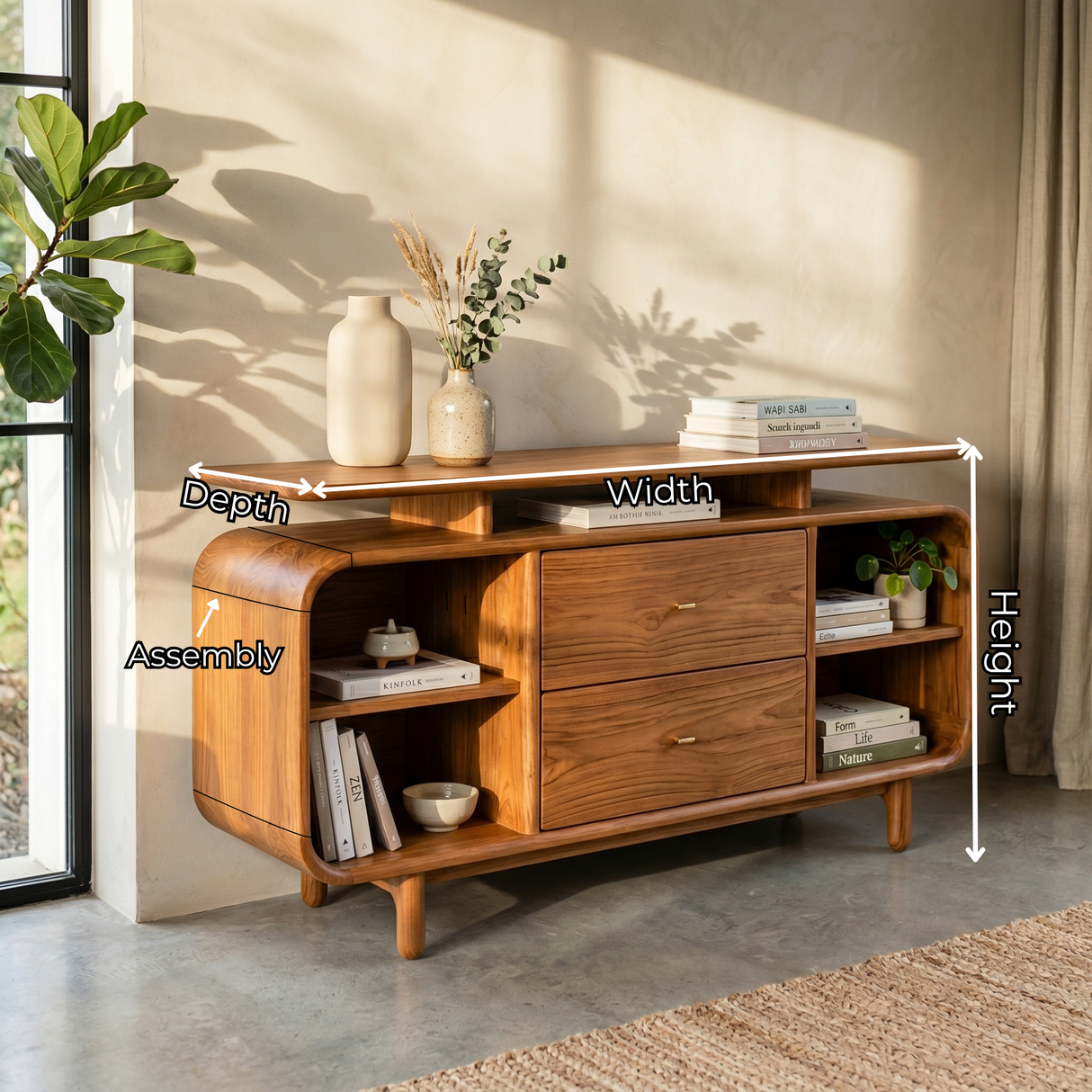 Handcrafted Solid Wood Raised Top Sideboard with Drawers and Open Shelves