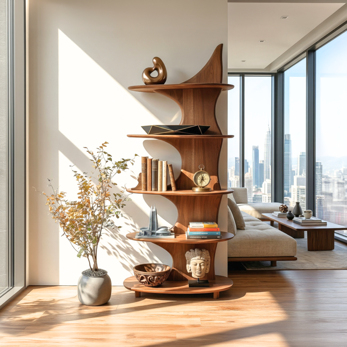 Sculptural Solid Wood Bookshelf with Organic Curved Shelves for Modern Interiors