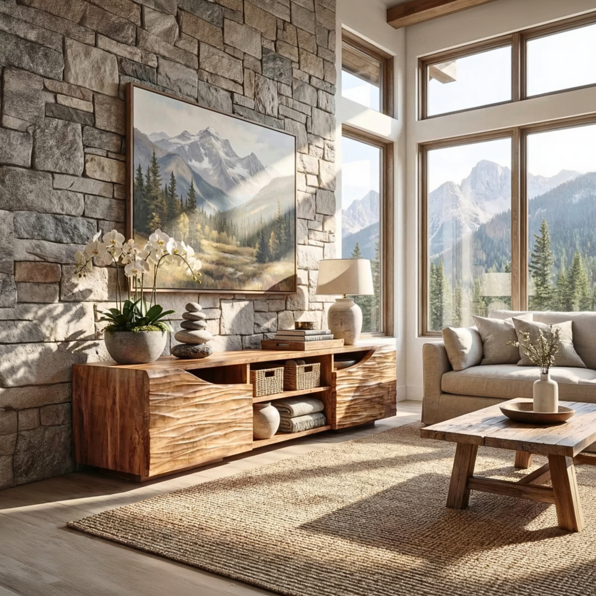 Sculptural Wood TV Cabinet with Carved Wave Doors for Modern Interiors