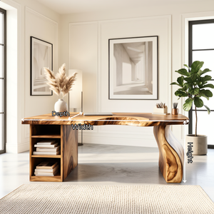 Solid Wood Executive Desk with Sculptural Panel Legs and Open Shelf