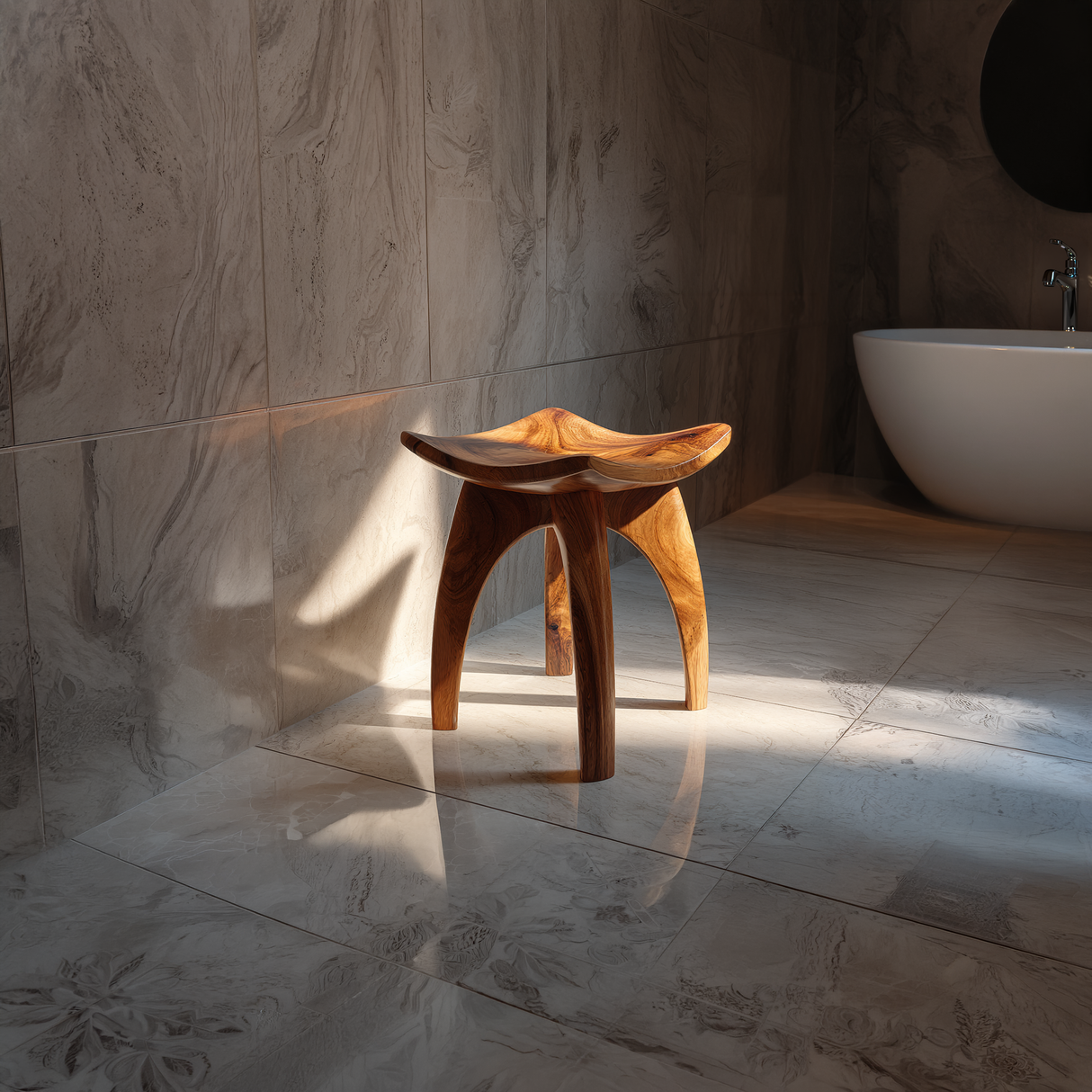 Organic Modern Solid Wood Stool with Curved Arch Legs