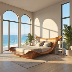 Wave Solid Wood Bed Frame with Sculptural Headboard
