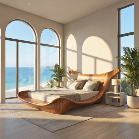 Wave Solid Wood Bed Frame with Sculptural Headboard