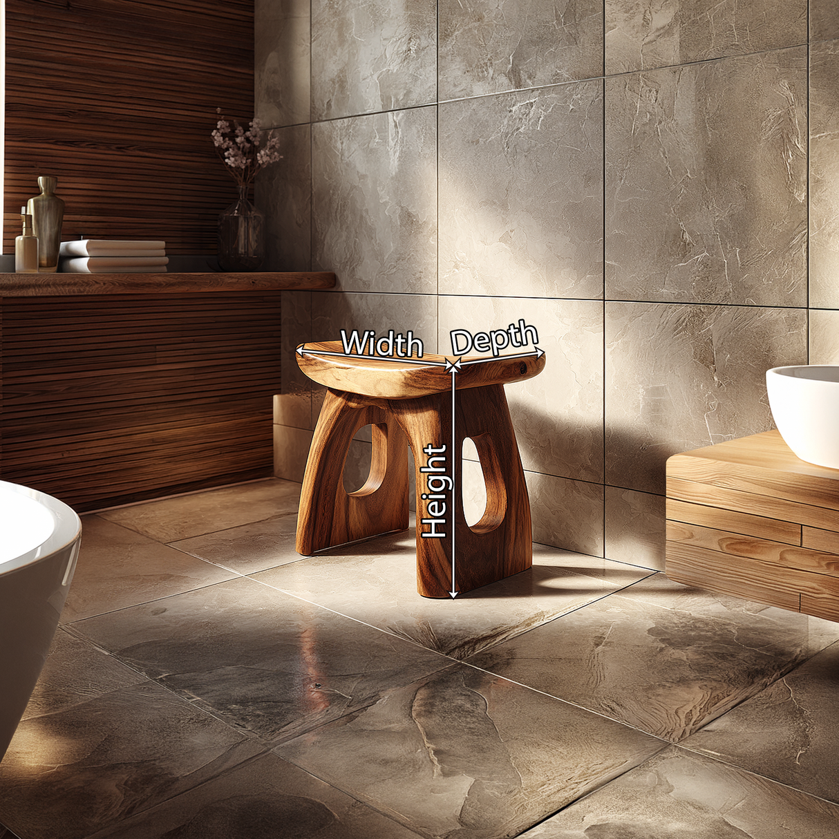Sculpted Solid Wood Shower Stool with Open Arch Base