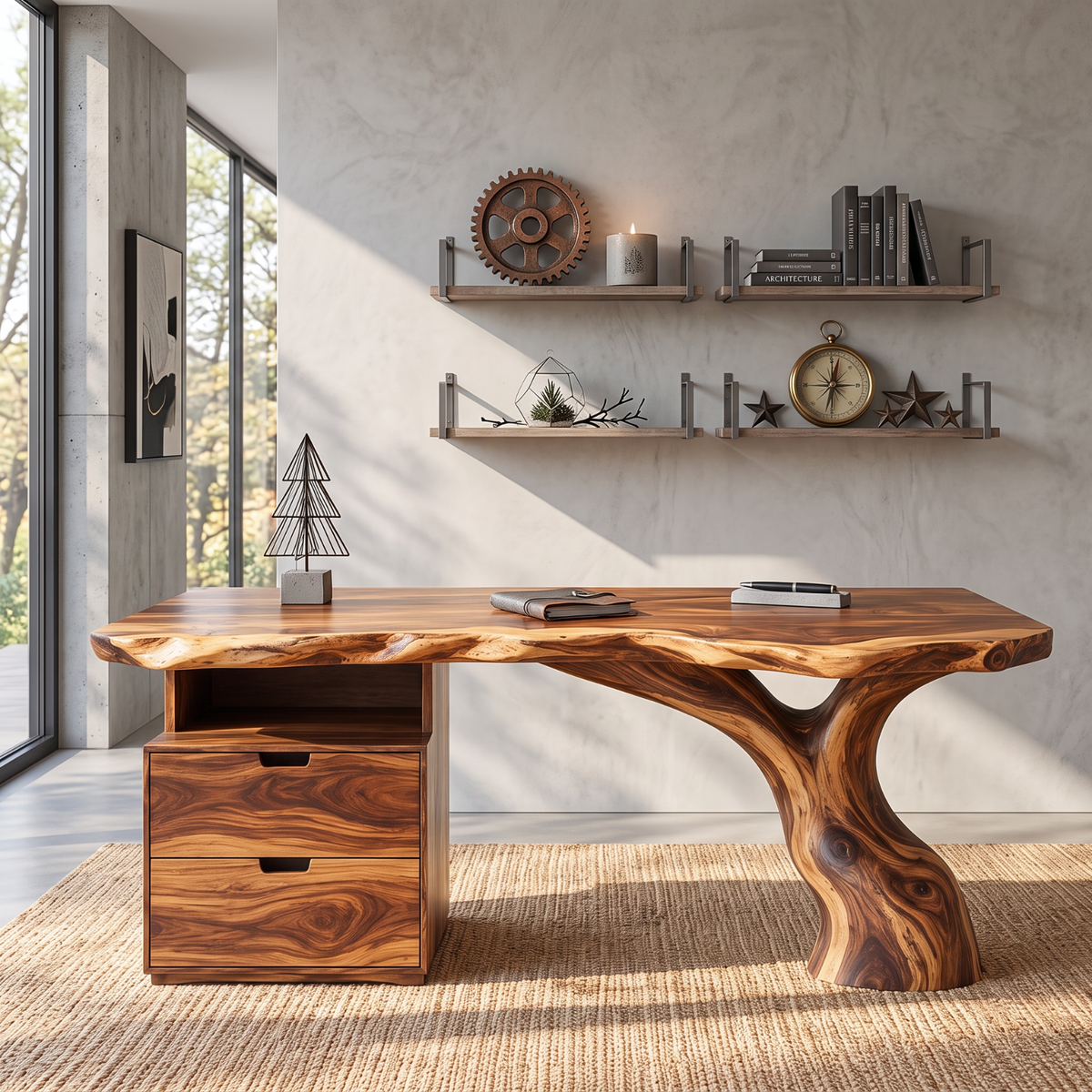 Live Edge Solid Wood Desk with Sculptural Tree Leg and Built In Drawer Cabinet