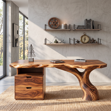 Live Edge Solid Wood Desk with Sculptural Tree Leg and Built In Drawer Cabinet