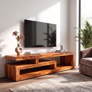 TV Console Solid Wood with Asymmetrical Open Shelf Frame for Living Room