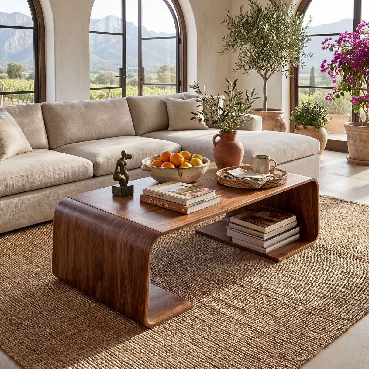 Solid Wood Coffee Table with Waterfall Form and Open Shelf