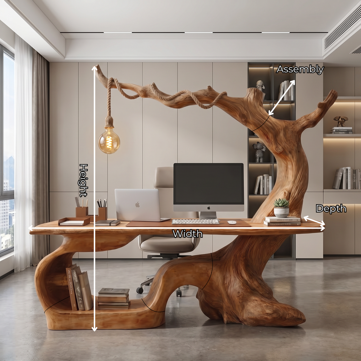 Handmade Solid Wood Tree Desk With Hanging Lamp Organic Modern Sculptural Office Table