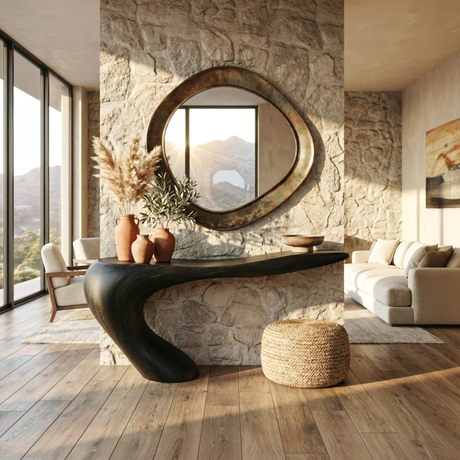 Handcrafted Solid Wood Sculptural Console Table with Curved Waterfall Base